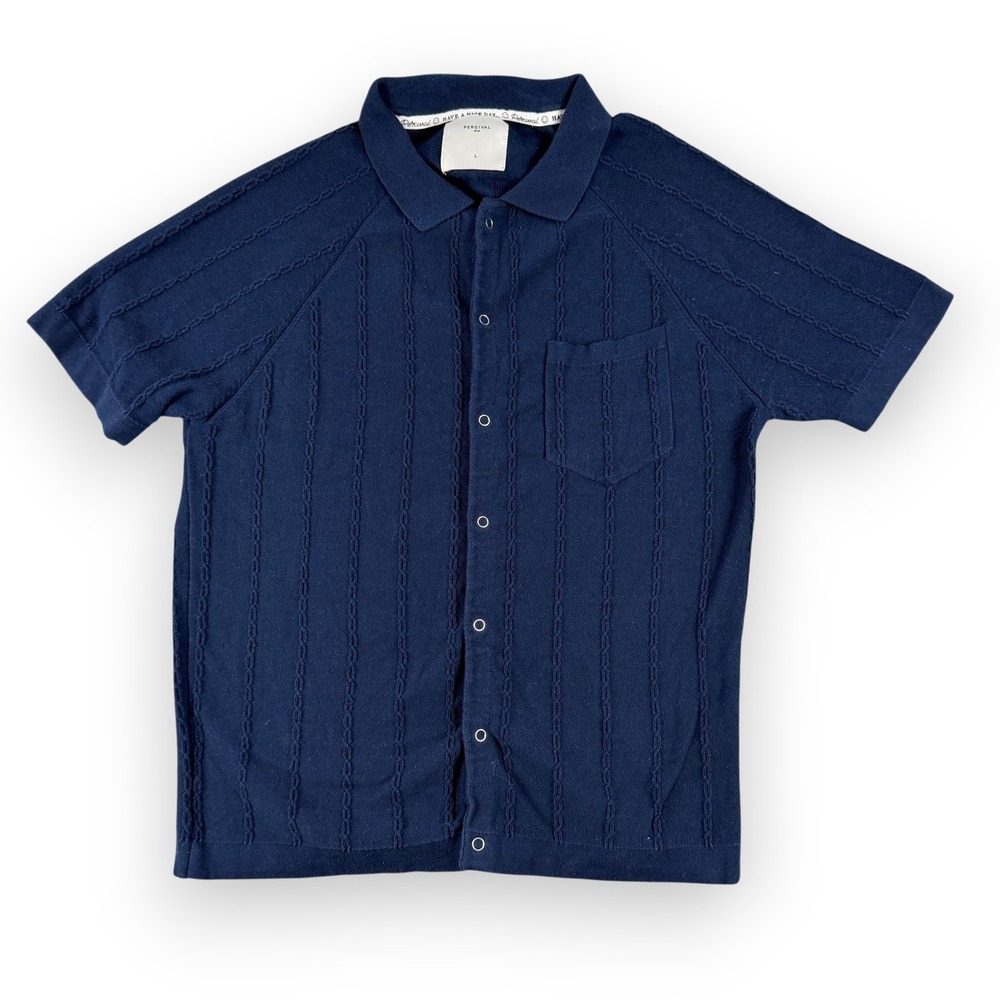 Percival Knit Shirt Mens L Blue Cable Knit Short Sleeve Button Up Pocket
